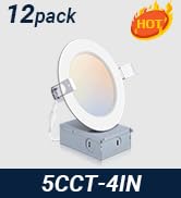 12 Pack 4 Inch Ultra-Thin LED Recessed Ceiling Light with Junction Box, 5CCT Dimmable 2700K/3000K...