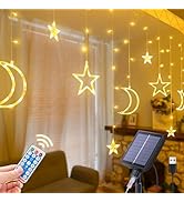 Qunlight Ramadan Solar Icicle Lights,10.8ft 138 LED Outdoor Waterproof Moons Stars Curtain Window...