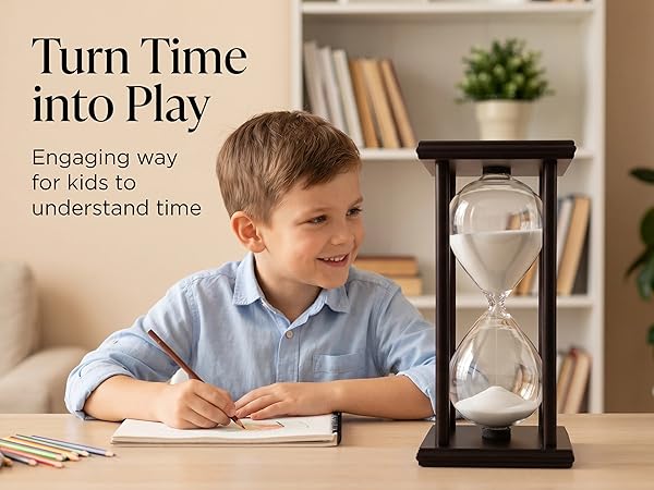 Text reads 'Turn Time into Play' and 'Engaging way for kids to understand time'. Boy at table with black sand timer hourglass and worksheet, home interior background.