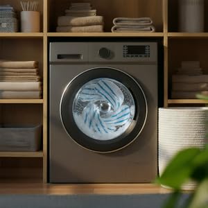 Modern washing machine with dark glass door shown in laundry room setting with shelving units visible in background.