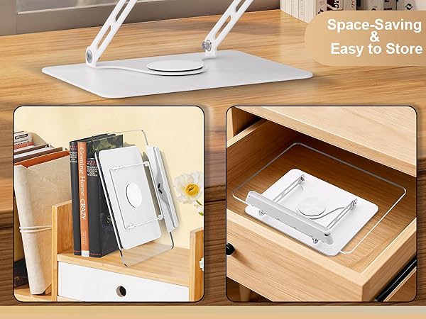 Text reads 'Space Saving Easy to Store'. Series of images showing a white electronic device being folded and stored in different configurations on wooden surfaces.