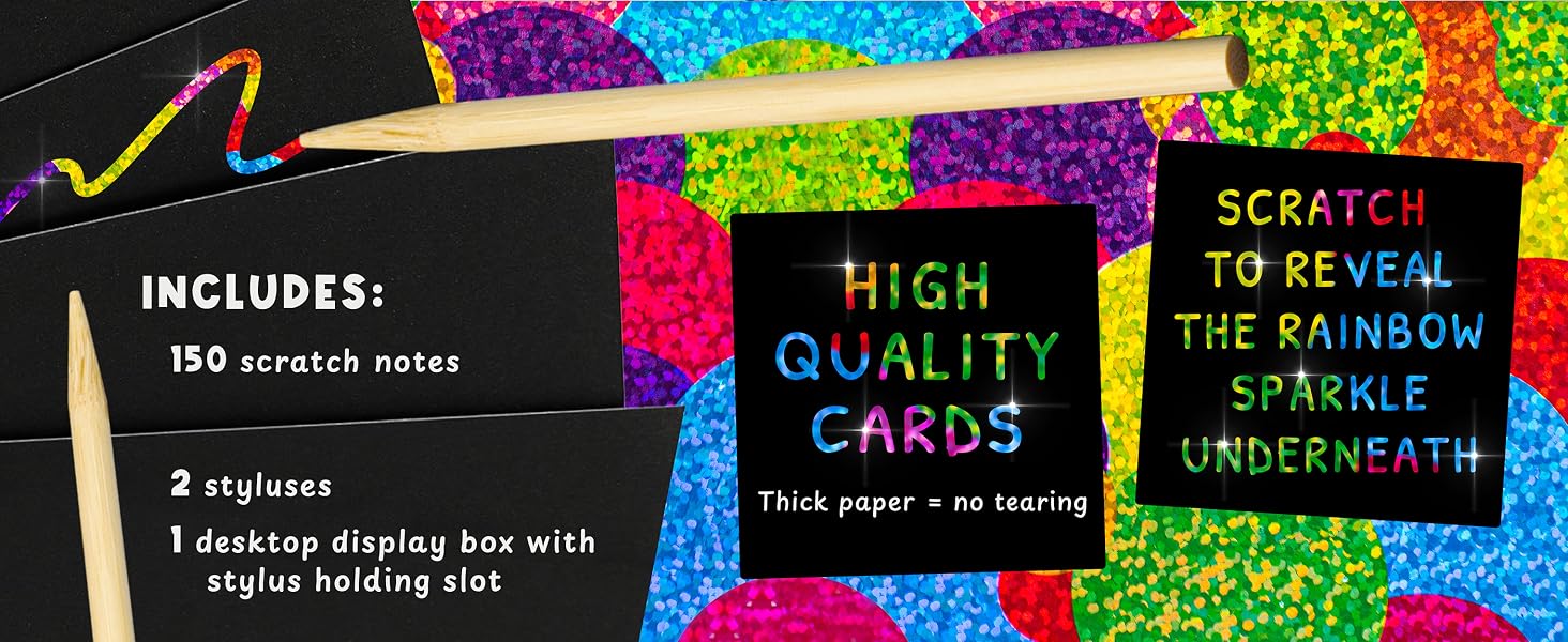 Bright, sparkly scratch art cards lighting up children’s smiles as they explore creativity