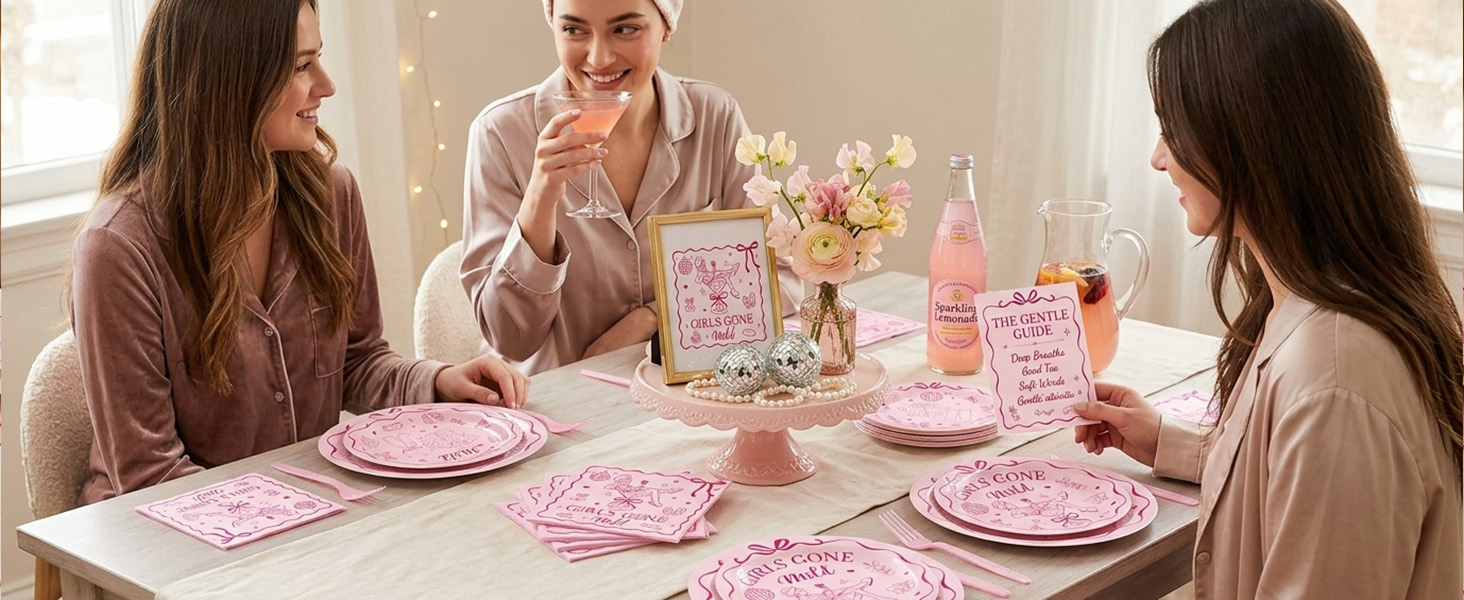 96Pcs Pink Plates Napkins Forks Paper Disposable Tableware Set