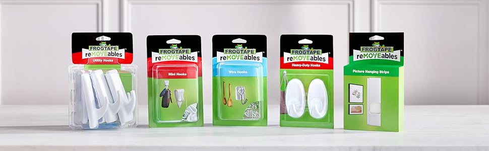 frogtape removeables: utility hooks, mini hooks, wire hooks, heavy duty hooks, picture strips