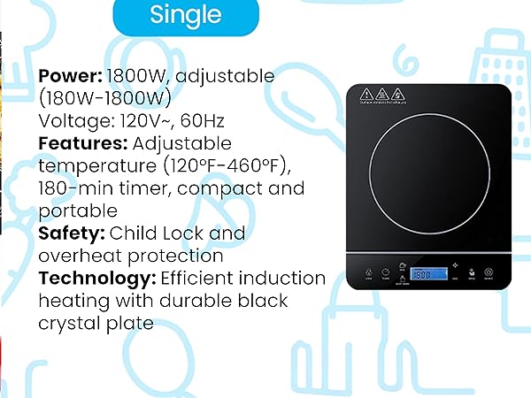 Single induction cooktop with adjustable power and temperature, compact and portable