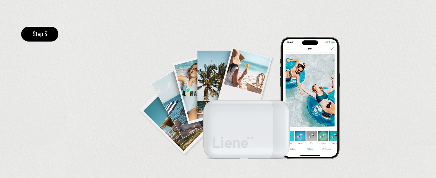 Photo printing product display showing scattered printed photos alongside a smartphone displaying a photo app interface.