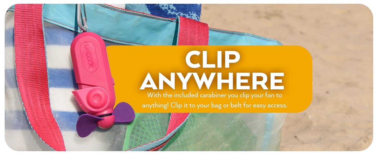 O2Cool Sport Carabiner Misting Fan Pink Clipped To Beach Bag Outside Clip Anywhere