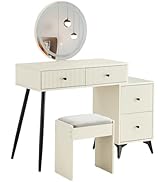 Donext Makeup Vanity Table Set with Round LED Mirror and Lights, Mirrored Vanities Desk with Draw...