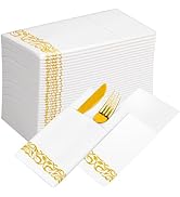 KAMMAK White Dinner Paper Napkins with Pocket Disposable 100 Pack Yellow Trim Linen Feel Wedding ...