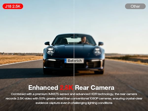 Text reads 'Enhanced AI Rear Camera'. Marketing image showing a car on a road with technical overlay graphics suggesting camera functionality.