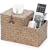 Sumnacon Square Woven Tissue Box Cover - Decorative Cube Tissue Box with Side Organizer, Rustic S...