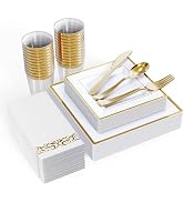 FOCUSLINE 175 Piece Gold Dinnerware Set for 25 Guests- Square Plastic Plates with Gold Rim- Inclu...