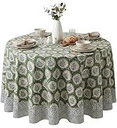 ATOSII Kari Green 100% Cotton Round Tablecloth, Handblock Print Floral Table Cloth for Kitchen Di...