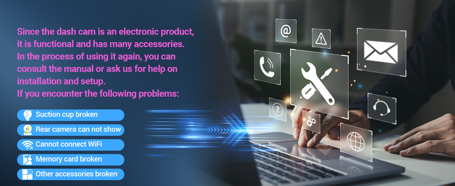 Computer screen displaying technical support interface with icons for settings, email, and tools, along with troubleshooting options listed below.