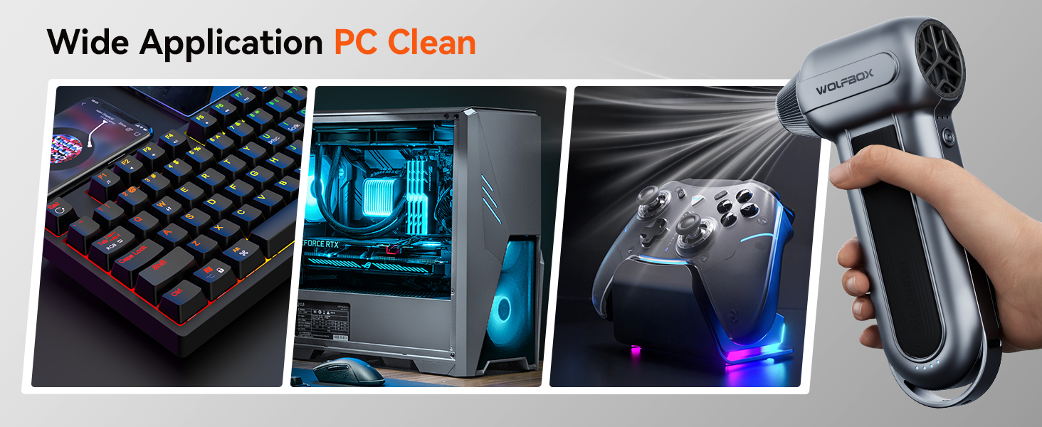 Text reads: 'Wide Application PC Clean'. Images showing keyboard, computer interior, and handheld device being cleaned.