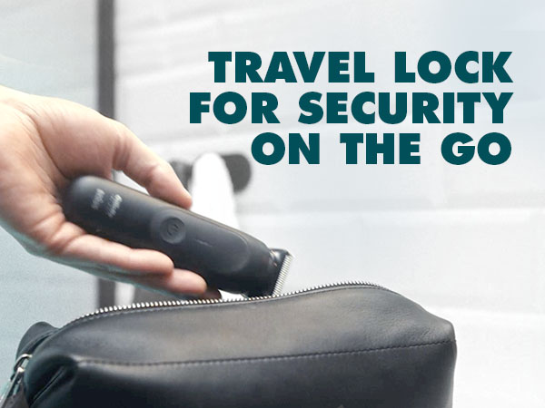 Man putting away i7 trimmer to travel bag, travel lock toggled for security on the go