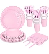 WNINK 175 PCS Light Pink Scalloped Plates and Napkins, Pink Disposable Plates Set with Napkins Cu...