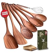 8 Pcs Teak Wooden Utensil Set with Rest – Premium Wooden Cooking Utensils Set, Natural Kitchen Ut...