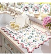 LOKHOM Scalloped Floral Dish Drying Mat, 12"x20" Super Absorbent Coffee Mat with Unique Pink Past...