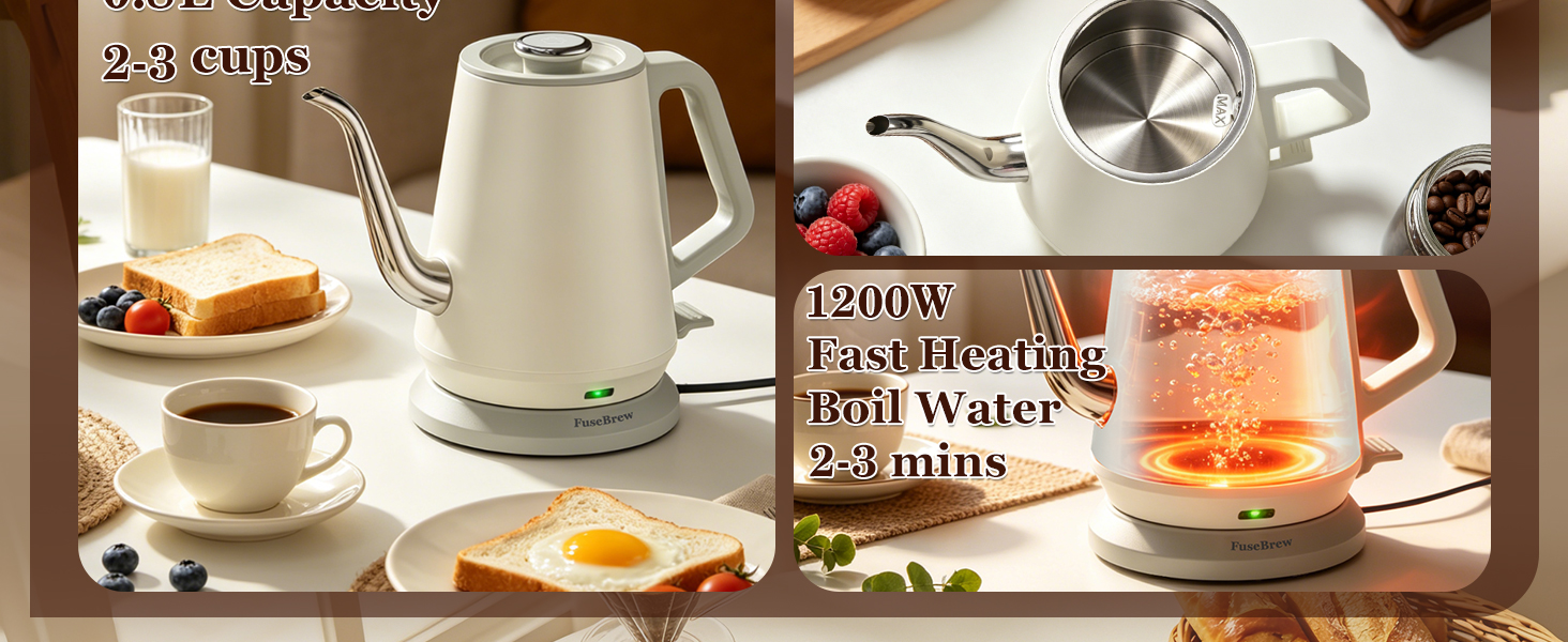 Chart showing white electric kettle boiling speed and vertical flow control versus standard pots