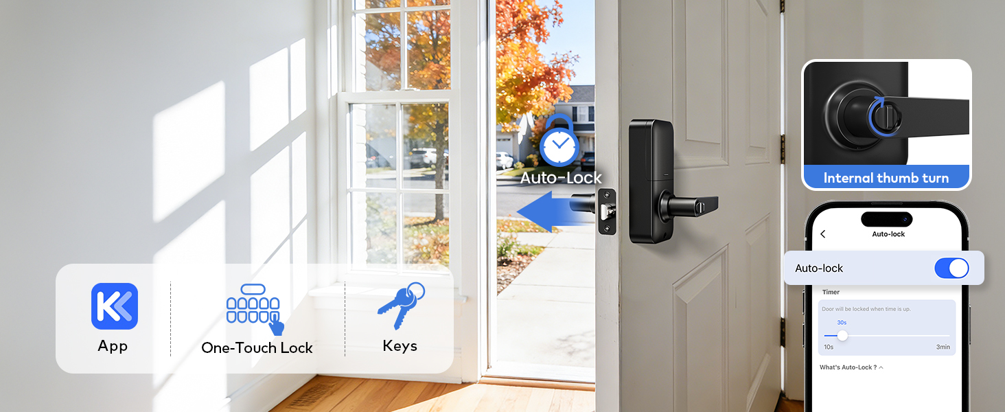 Multiple lock methods: APP, auto-lock (10–180s), one-touch, and key