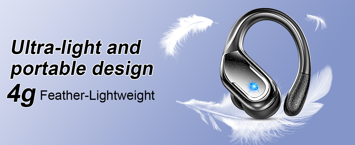 Black wireless earbuds with ear hooks. Text overlay states 'Ultra-light and portable design' and '4g Feather-Lightweight'.