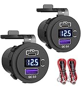 2 Pack USB C Car Charger Socket, Qidoe 48W PD3.0 USB C &amp; QC3.0 Car USB Port with LED Voltmeter an...