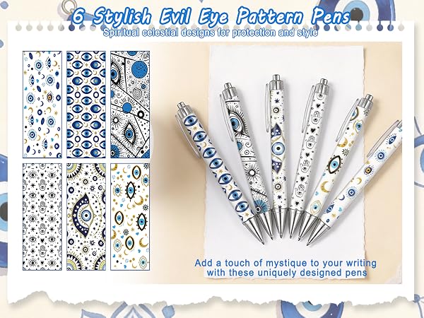 6 Stylish Evil Eye Pattern Pens, Spiritual celestial designs for protection and style