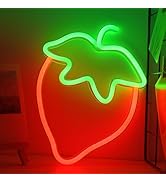 ENUOLI Strawberry Neon Sign Red Green Color Led Sign Fruit Shape Neon Light for Bedroom Wall Deco...