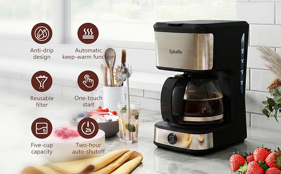 Drip-stop feature, reusable filter, coffee maker