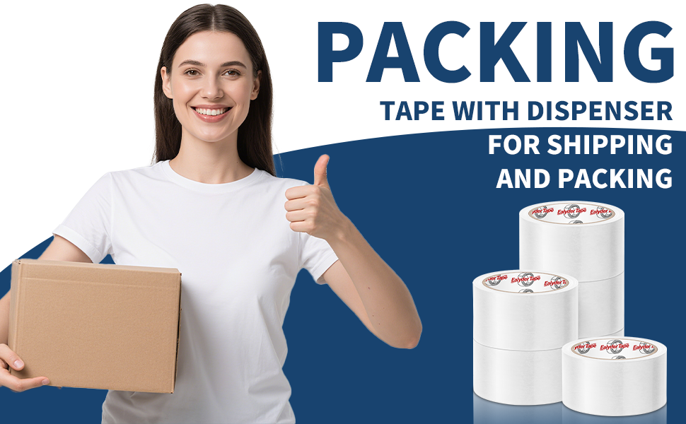 Text reads 'PACKING TAPE WITH DISPENSER FOR SHIPPING AND PACKING'. Image shows packaging supplies including white packing tape rolls with dispenser.