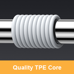 Text reads 'Quality TPE Core'. Close-up images of white spiral flexible tubing or cord protection system shown from different angles against dark background.