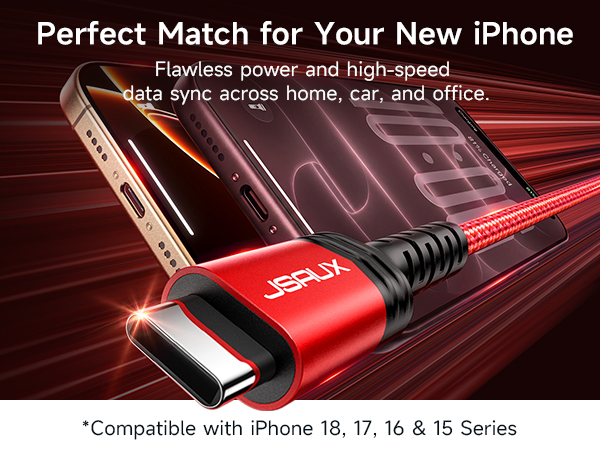 JSAUX USB C Cable: Fast charging &amp; high-speed data sync for iPhone 18, 17, 16, and 15 series.