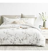 LEMIROE Vintage Botanical White Cotton Comforter Queen Size - Elegant Gray Flowers and Taupe Bran...