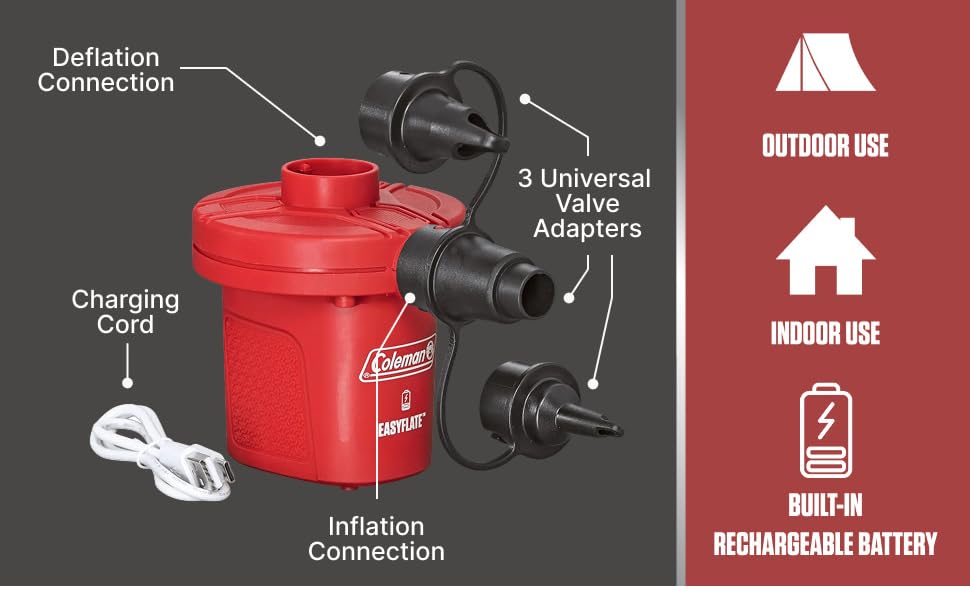Cordless pump with adapters, charging cord, inflation ports, indoor/outdoor use