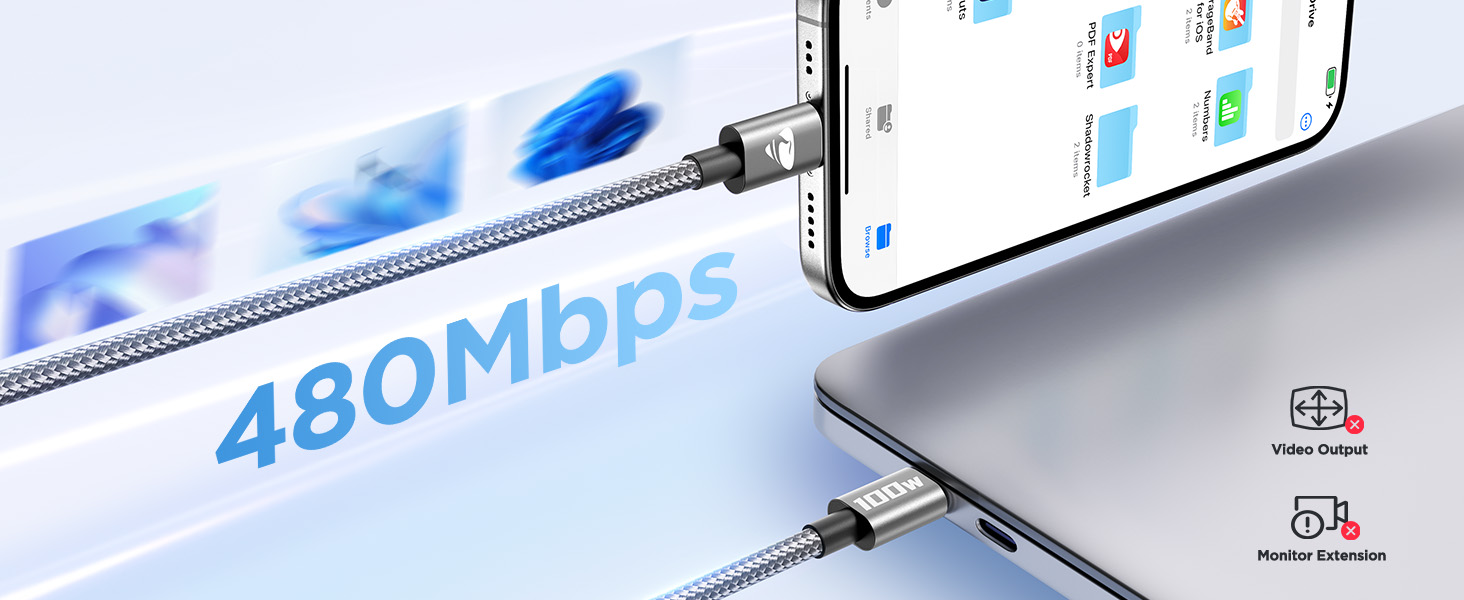 Smartphone charging cable with braided metal design. Text '480Mbps' suggests high-speed data transfer. Cable connects to phone, highlighting fast charging and sync capabilities.