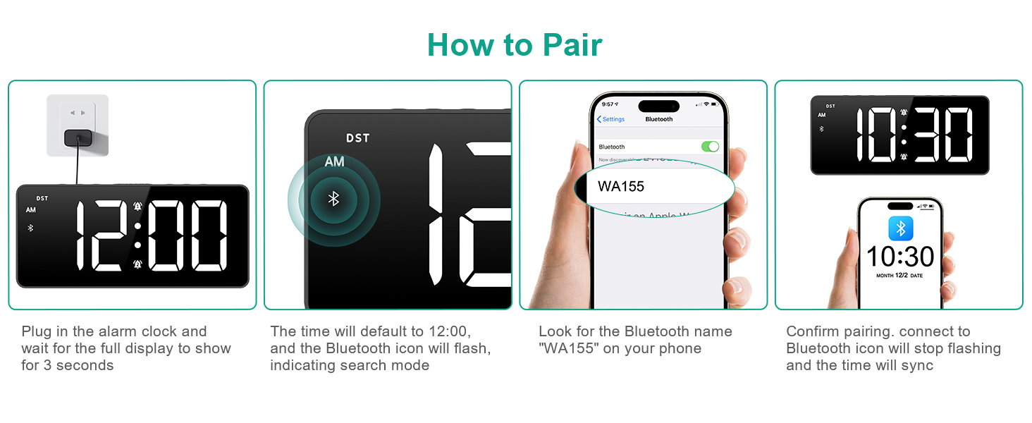 Digital Alarm Clock, LED Bedroom Clock with Bluetooth Sync Time