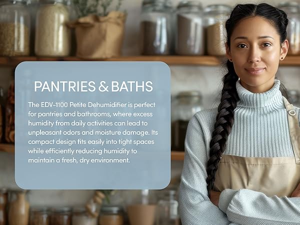 EDV-1100 Dehumidifier placed on shelf, ideal for pantries and bathrooms