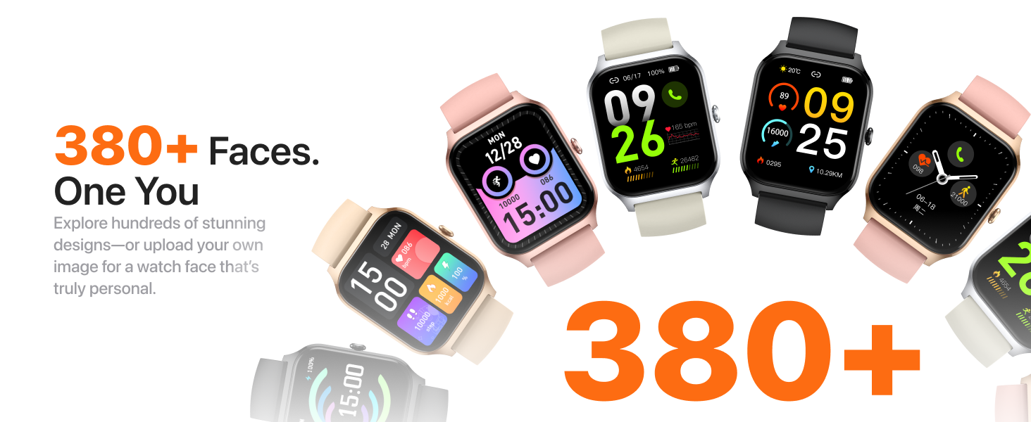380+ watch faces that you can choose or use your own picture as watchfaces.