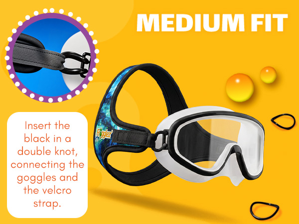 Daniel's Tiger swim goggle strap adjusted for a medium fit for kids ages 5 to 7
