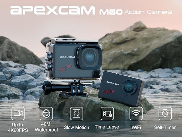 Apexcam M80 Action Camera shown in two sizes on rocky terrain near water. Features include 4K60FPS, 10M waterproof, slow motion, time lapse, WiFi, and self-timer capabilities.