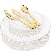 YOUBET 125PCS White Plastic Plates with Gold Rim, Gold Plates Disposable with Gold Silverware Inc...