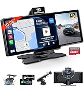 TECXERLLON 10.26'' Wireless Carplay Screen for Car with 4K Dash Cam &amp; 1080P Backup Camera, Portab...