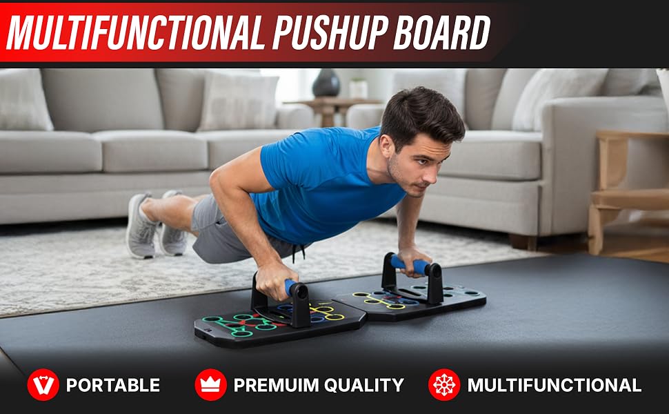 Man using a portable push-up board with color-coded grip positions for home strength training.