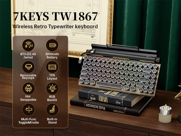 7KEYS TW1867 Retro Typewriter Keyboard Wireless Wood