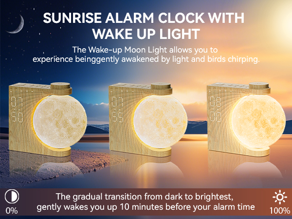 Sunrise alarm clock with moon-shaped light. Three images show gradual brightening. Text describes gentle wake-up with light and bird sounds, transitioning from dark to bright over 10 minutes.