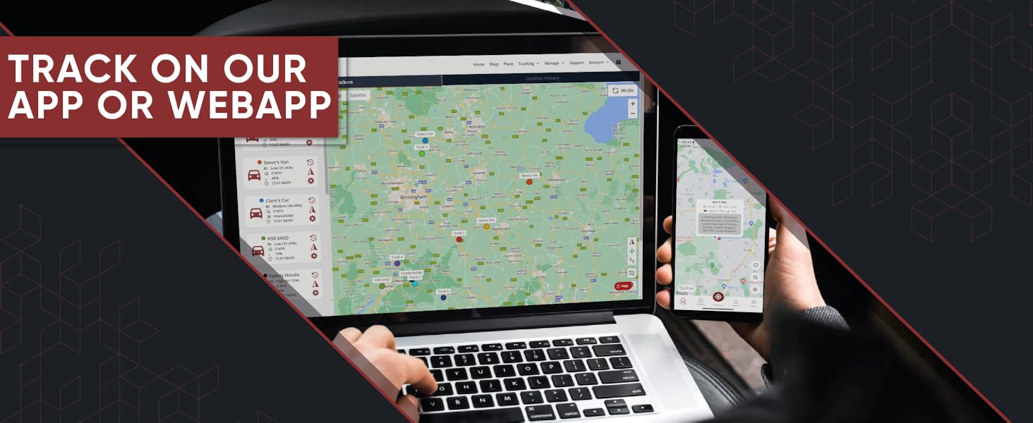 Laptop and smartphone displaying map application with location markers. Text overlay: 'TRACK ON OUR APP OR WEBAPP'.