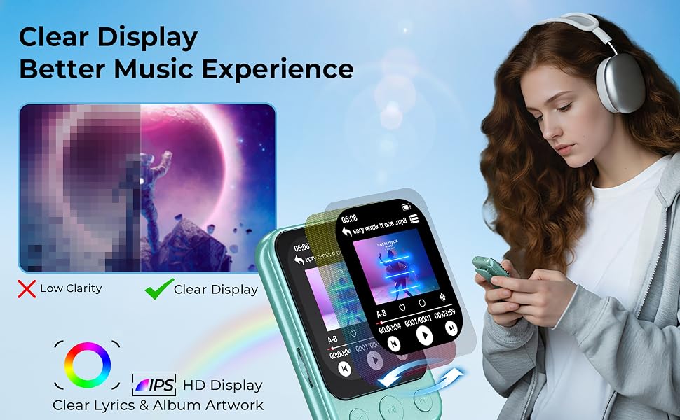 Text reads 'Clear Display Better Music Experience' with checkmarks for 'Low Delay' and 'Super Smooth', showing colorful music production device with user wearing headphones. Features listed: 220+ HD Display, Bluetooth Connection.