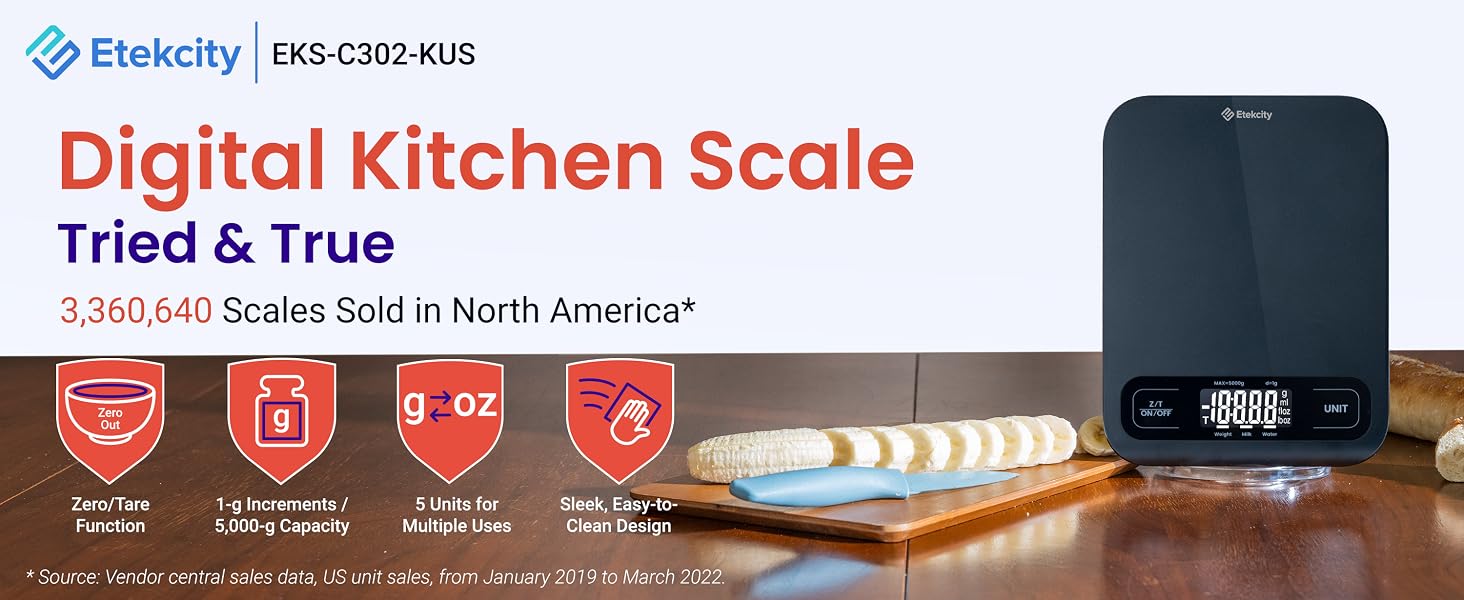 The scale has tare function, 5 units, accurate reading, and easy-to-clean furface