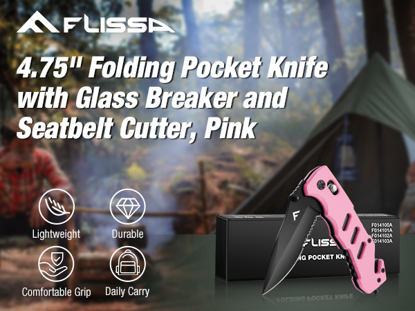 FLISSA Folding Pocket Knife with Clip, Glass Breaker and Seatbelt Cutter